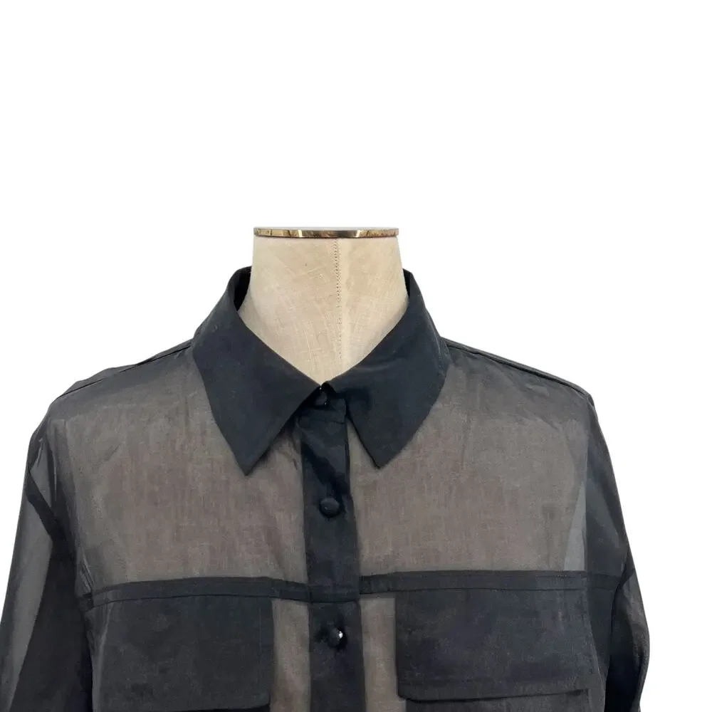 Meshki Elaina Sheer Button Up Cropped Shirt Black Organza Top Womens Size Small - Picture 2 of 9